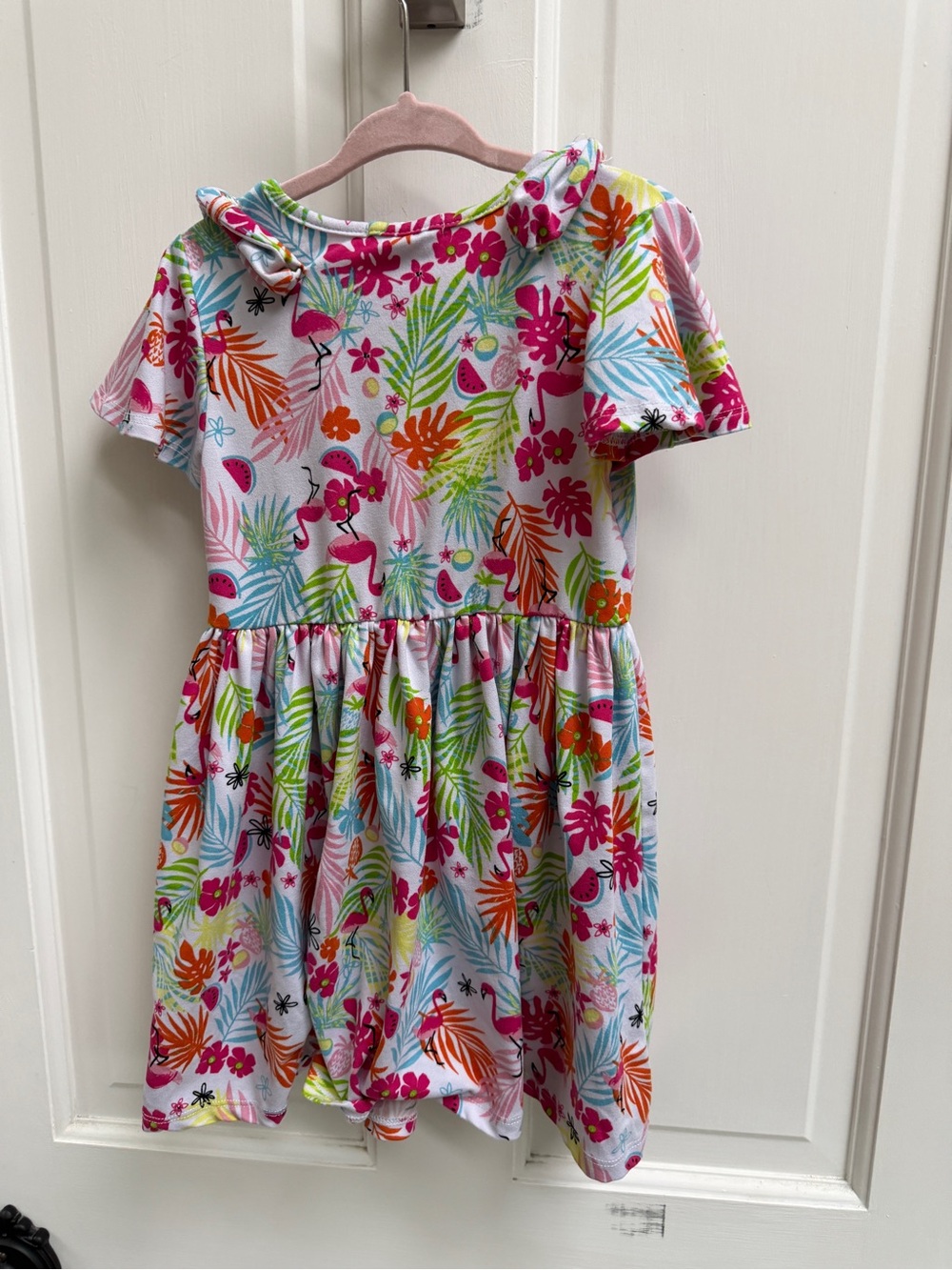 Forever Me Girls' 4 Pink Multi Flamingo & Tropical Print Dress Shoulder Ties - Picture 7 of 8
